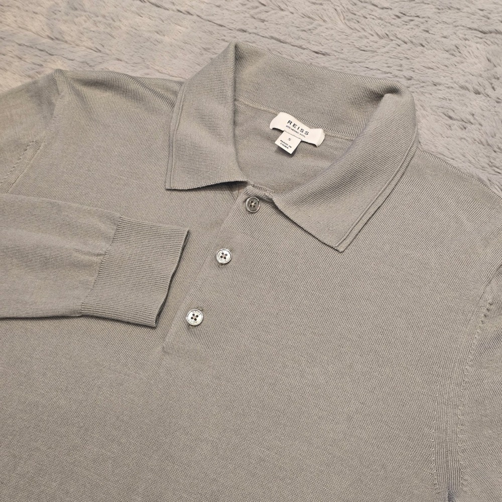 Reiss Trafford Sage Grey 100% Extra Fine Merino Wool Long Slv Polo Shirt Mens S